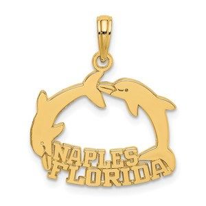 14k Yellow Gold Travel NAPLES FLORIDA Jumping Dolphins Necklace Charm Pendant